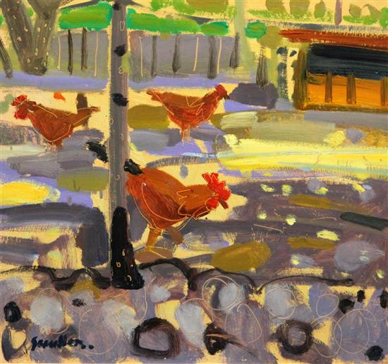 Dutch School Chickens in a field, 13 x 14in.
